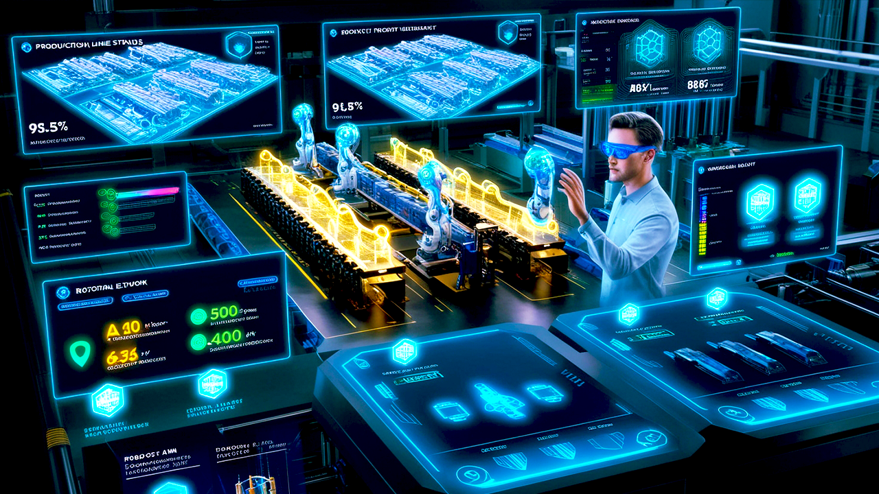 AI-driven holographic factory dashboard with real-time production analytics, energy monitoring, and robotic fleet management in smart factory