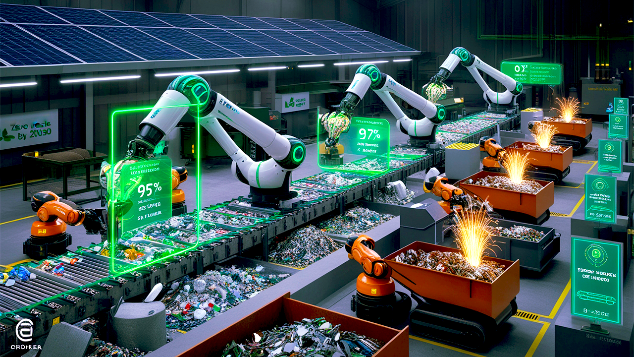 AI-powered robotic recycling system sorting e-waste and plastics with holographic efficiency metrics in sustainable smart factory