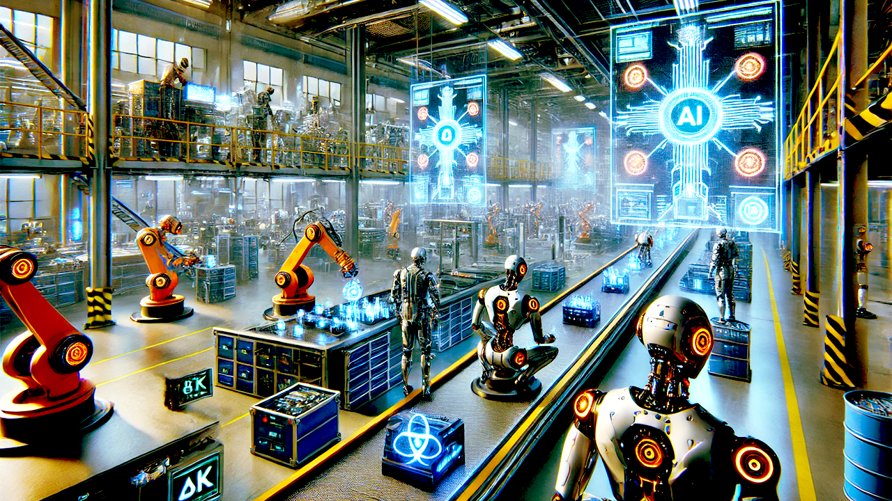 AI-powered industrial robots and human engineers collaborating in futuristic smart factory with holographic interfaces and sustainable energy systems